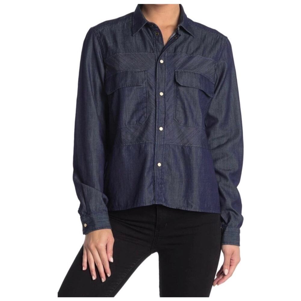 Billy Reid Cotton Blocked Denim Overshirt Snap Button Front Blue XS